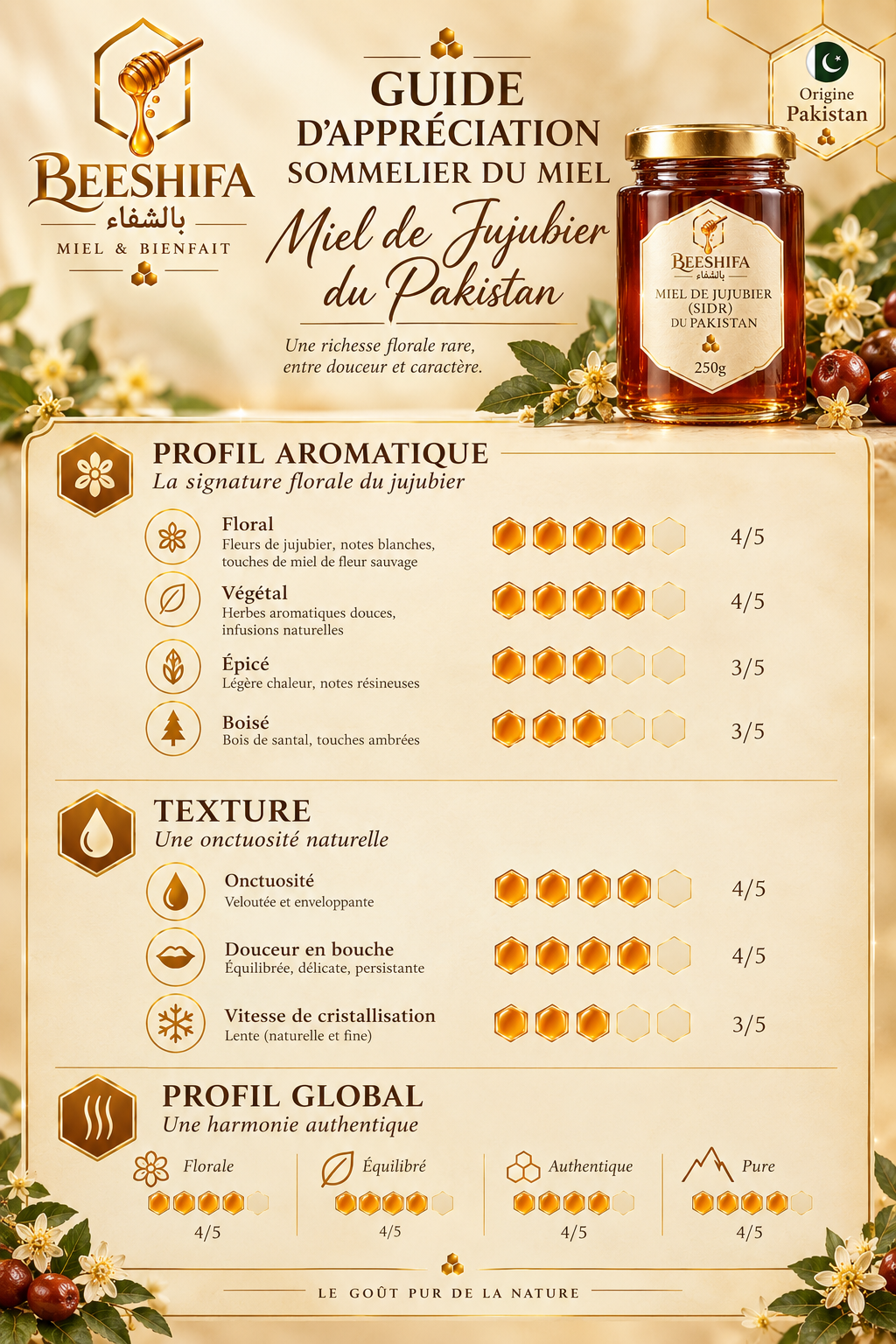Miel de Sidr (jujubier) du Pakistan, présentation du pot BeeShifa