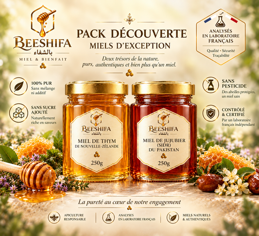 Coffret Découverte BeeShifa : duo de miels Sidr et Thym, 2 pots de 250 g
